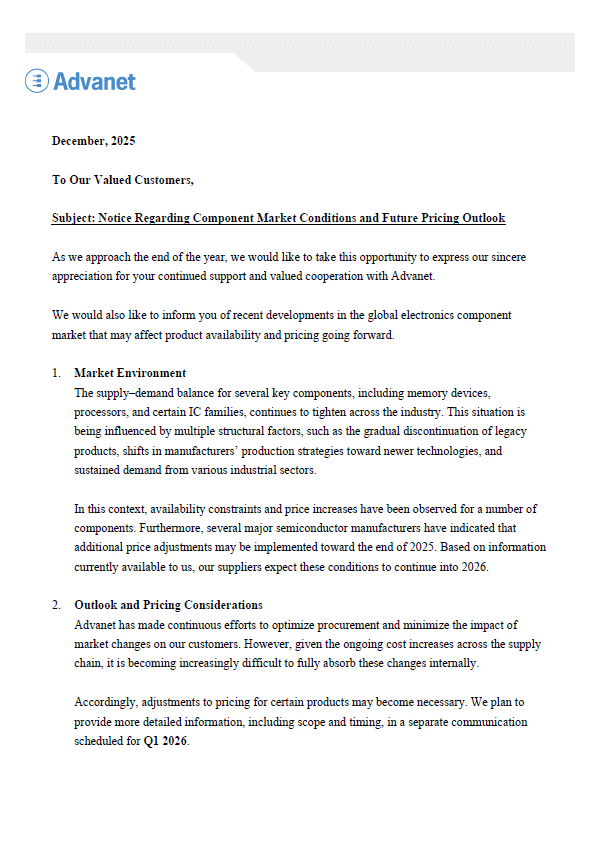 notice regarding component market conditions en